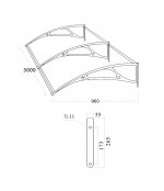 Savienots alumīnija polikarbonāta jumtiņš 960x3000 mm  caurspīdīgs, ar pelēkiem turētājiem