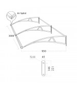 Savienots durvju jumtiņš ar tekni 930x3000 mm  caurspīdīgs, melni turētāji