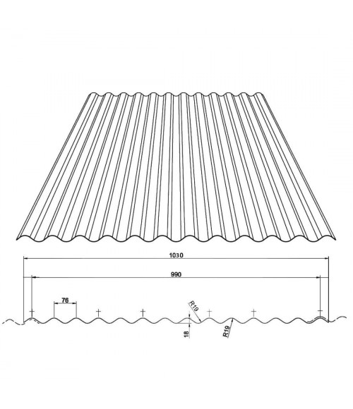 Viļņots pelēks PVC jumta segums, PRISMA 2.5x1030 mm