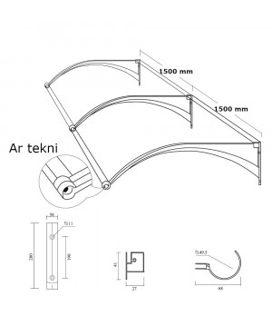 Alumīnija durvju  jumtiņš ar tekni 980x3000 mm ar pelēkiem turētājiem