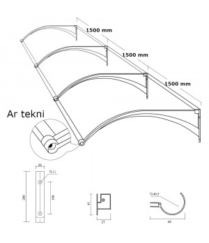 Alumīnija durvju  jumtiņš ar tekni 980x4500 mm ar pelēkiem turētājiem