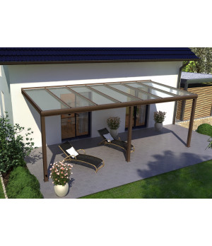 Pastiprināta alumīnija nojume terasei ar matēti brūnu polikarbonātu