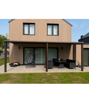 Pastiprināta alumīnija nojume terasei ar 16 mm polikarbonāta segumu, matēta brūna