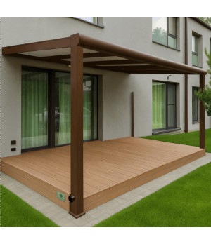 Mūsdienīga alumīnija nojume terasei ar bronzas krāsas jumta segumu